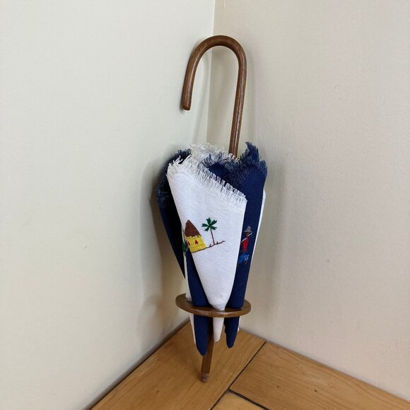 Jamaican Embroidered Napkin Set with Wood Umbrella Shape Holder Tropical Linens - Picture 3 of 11